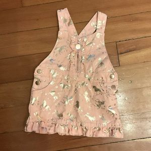 Peach Denim Pinafore Dress with Gold Unicorns Size 12 months